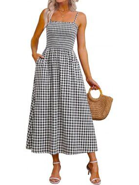 Women's Black Plaid Spaghetti Strap Smocked Casual Boho Beach Long Maxi Dresses